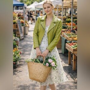 NWT Cinq a Sept Eloise Ruffle Trim Moto Biker Leather Jacket Moss Green Sz 4